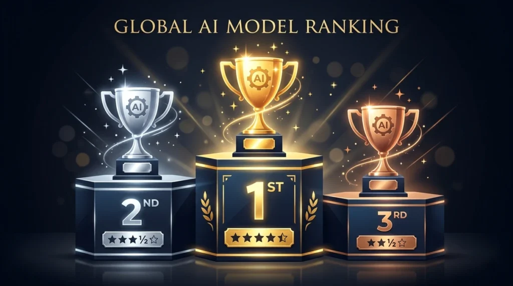 Global AI Model Ranking ka graphic, jisme 1st, 2nd, aur 3rd place par trophies dikhayi gayi hain.