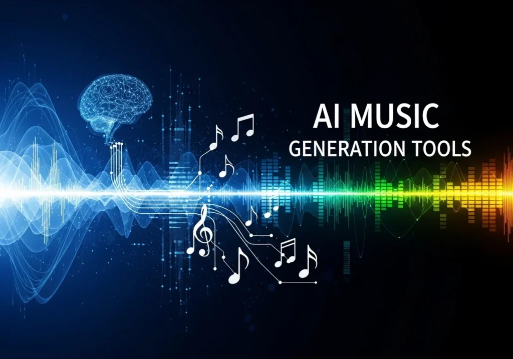 A digital brain and sound waves representing the best AI tools for business to create royalty-free background music and audio content.