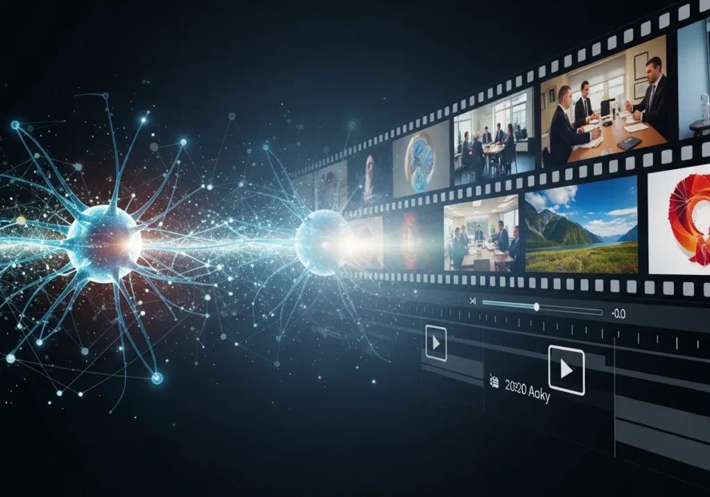 A visual representation of cinematic video clips and neural networks showing how the best AI tools for business simplify video marketing.