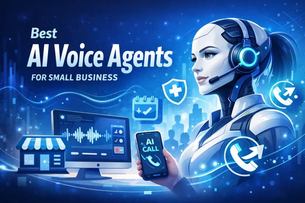 Best AI Voice Agent for Small Business: 5 Best Options for 2026 Futuristic AI voice agent illustration with headset, phone interface, appointment and call icons, representing theBest AI Voice Agent for Small Business in 2026.