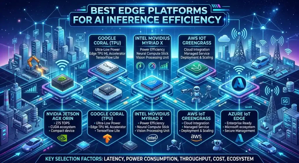 An informative infographic titled "Best Edge Platforms for AI Inference Efficiency" showcasing top hardware and cloud solutions like NVIDIA Jetson AGX Orin, Google Coral TPU, Intel Movidius Myriad X, AWS IoT Greengrass, and Azure IoT Edge, with key factors like latency and power consumption highlighted.