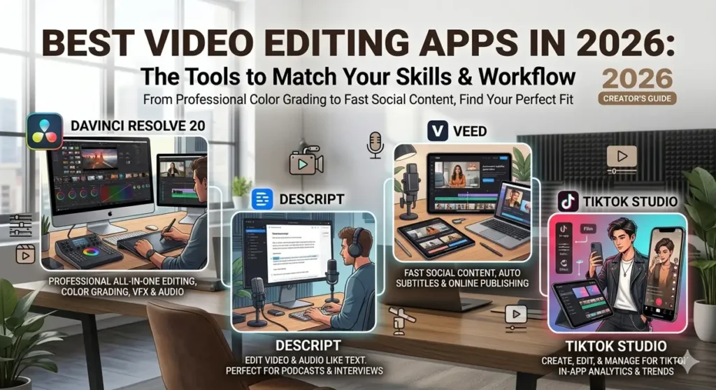 Infographic showing 2026 best video editing apps like DaVinci Resolve, Descript, VEED, and TikTok Studio for different creative workflows.