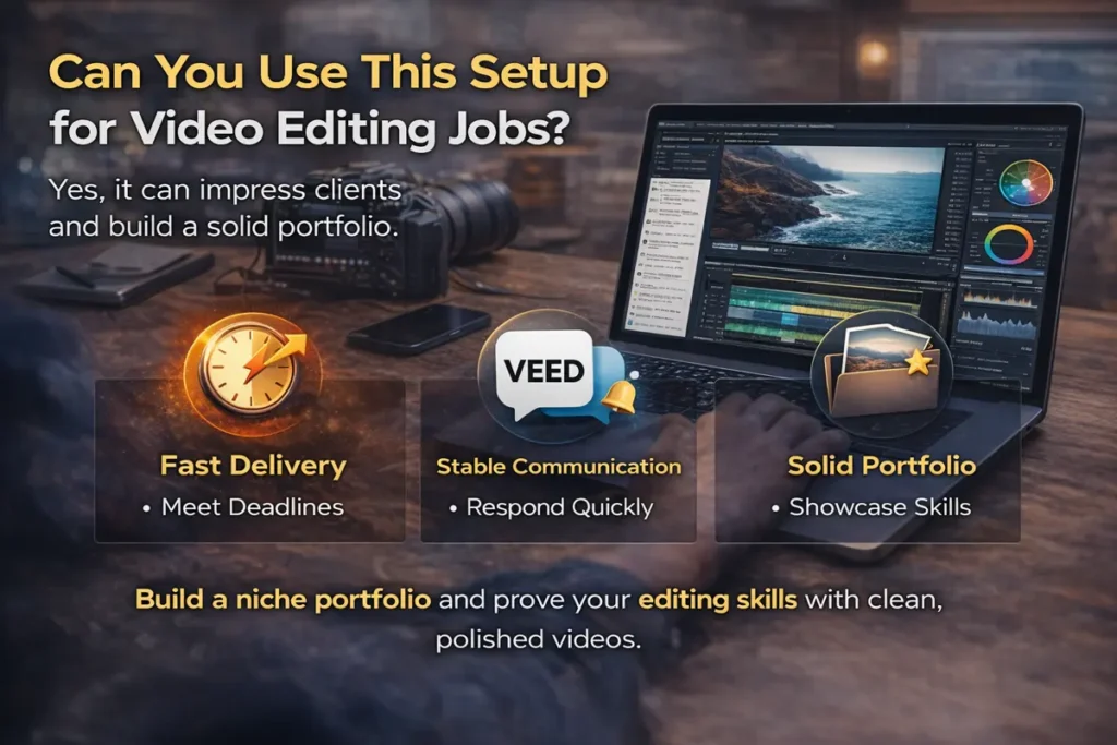 Video editing jobs guide showing the setup needed for fast delivery, clear communication, and a strong editing portfolio