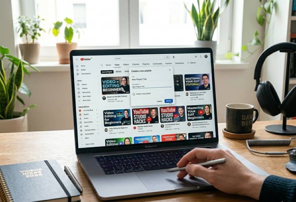 Creating a YouTube playlist while researching videos using how to see transcript on YouTube