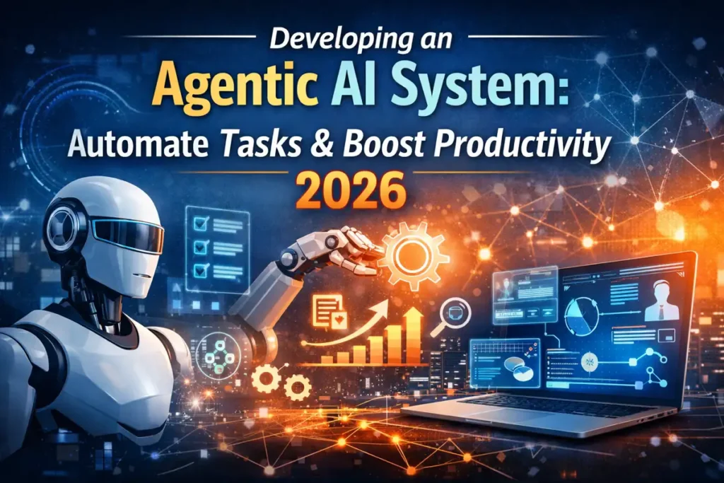 Developing an Agentic AI System: A Practical Guide for 2026 Developing an agentic AI system shown as a futuristic AI workspace with a robotic assistant, holographic interfaces, and charts automating tasks, highlighting productivity and smart automation for developers in 2026.