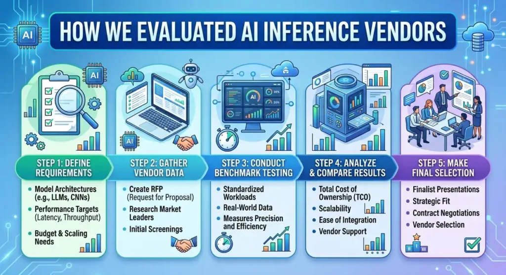An infographic titled "How We Evaluated AI Inference Vendors" detailing a five-step process: Step 1: Define Requirements (architectures, performance targets), Step 2: Gather Vendor Data (RFP, research), Step 3: Conduct Benchmark Testing (standardized workloads, real-world data), Step 4: Analyze & Compare Results (TCO, scalability), and Step 5: Make Final Selection (presentations, negotiations). Each step is accompanied by representative tech icons and a clean, professional blue and teal color scheme.