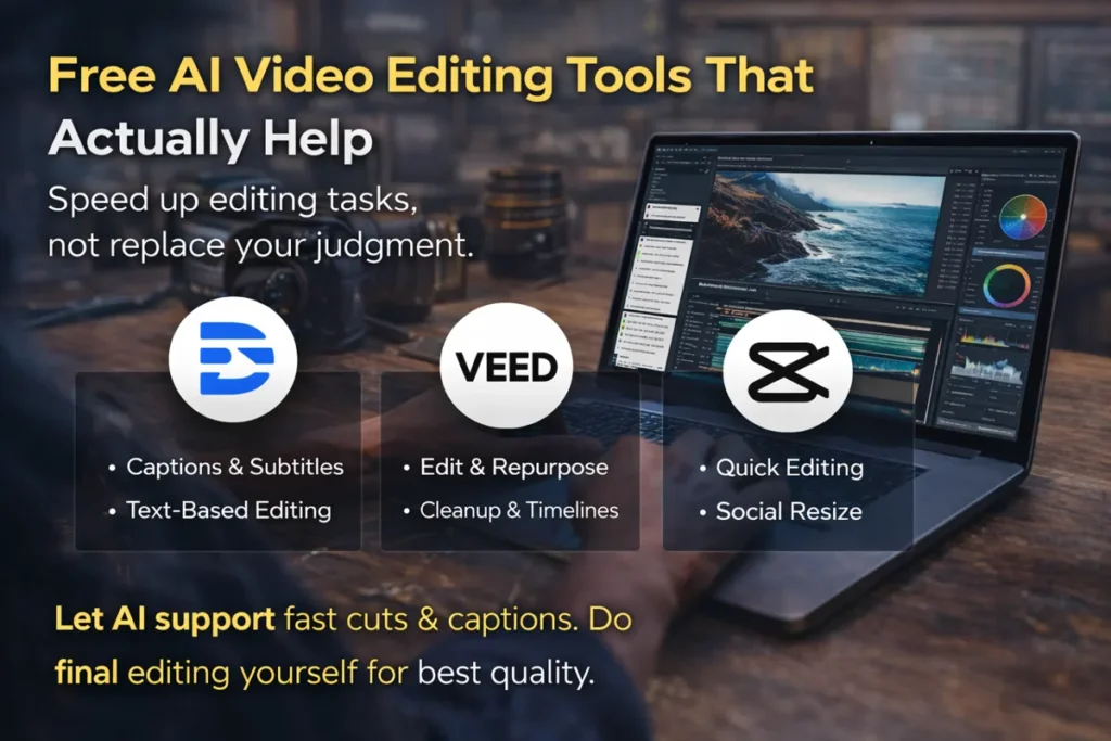 Free AI video editing tools for faster editing showing Descript, VEED, and CapCut features for captions, cleanup, and social video editing