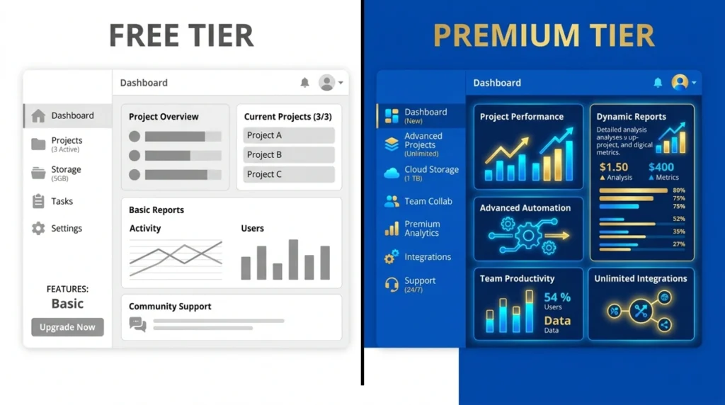 A split-screen illustration comparing a basic free tier interface with limited gray features to a premium paid interface with advanced features that are glowing in gold and blue.