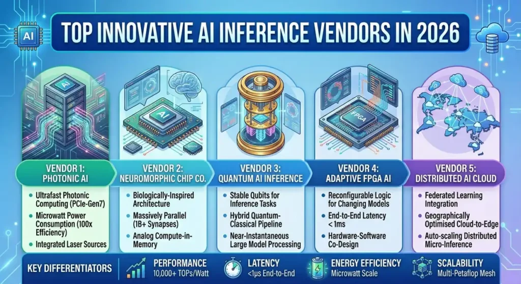 Infographic of the top innovative AI inference vendors in 2026, featuring five categories with their key technological differentiators.