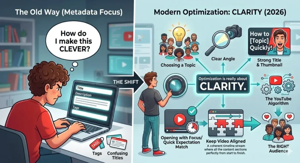 Infographic showing YouTube optimization shift from metadata to content clarity and audience alignment