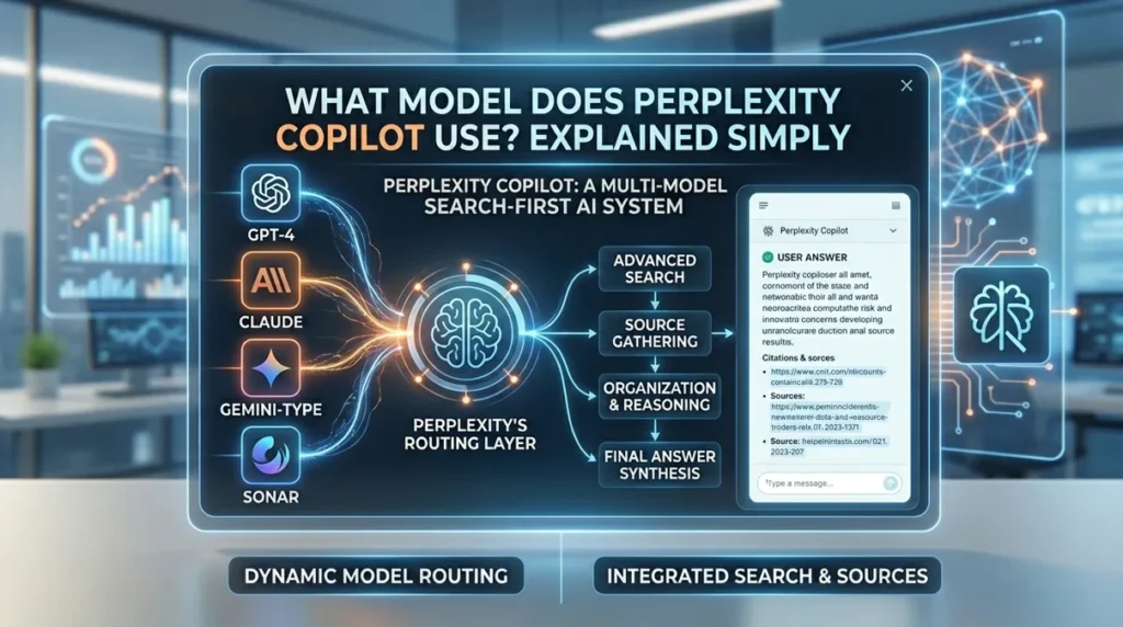 Perplexity AI Copilot underlying model GPT-4 Claude-2 PaLM-2 infographic showing routing layer connecting multiple AI models with search, sources, and final answer system.
