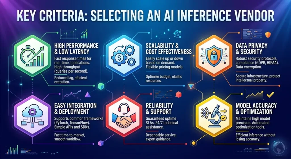 A detailed infographic titled "Key Criteria: Selecting an AI Inference Vendor." The graphic features six colorful hexagonal icons representing High Performance & Low Latency, Scalability & Cost Effectiveness, Data Privacy & Security, Easy Integration & Deployment, Reliability & Support, and Model Accuracy & Optimization. Each section includes a descriptive icon and bullet points explaining the technical requirements for evaluating AI infrastructure providers, set against a dark, futuristic background with glowing data visualizations.