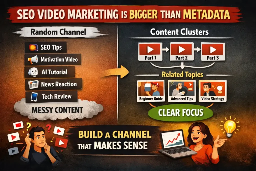 Illustration showing SEO video marketing beyond metadata. Left side depicts a random YouTube channel with mixed topics like SEO tips, motivation, AI tutorials, and tech reviews labeled as 'Messy Content'. Right side shows organized content clusters with videos connected in sequence, related beginner and advanced topics, labeled 'Clear Focus'. Visual metaphors for growth, viewer journey, and channel strategy, highlighting how clustering content improves SEO performance