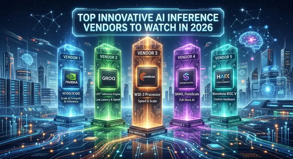 A futuristic infographic featuring five glowing technology pillars labeled with vendor names and hardware specs, titled "Top Innovative AI Inference Vendors to Watch in 2026."