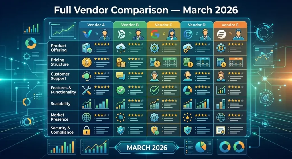 A professional infographic titled "Full Vendor Comparison — March 2026" featuring a detailed matrix. The table compares five fictional vendors (Vendor A through Vendor E) across key business criteria: Product Offering, Pricing Structure, Customer Support, Features & Functionality, Scalability, Market Presence, and Security & Compliance. Each cell uses star ratings and descriptive icons. The background has a futuristic, dark blue tech theme with glowing circuit lines and data visualization charts, reflecting a high-tech corporate analysis.