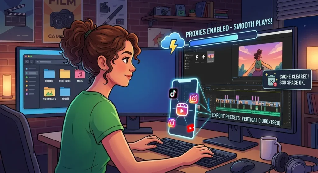 A digital artist editing video with visual icons for organized folders, proxy files, cleared cache, and social media export presets.