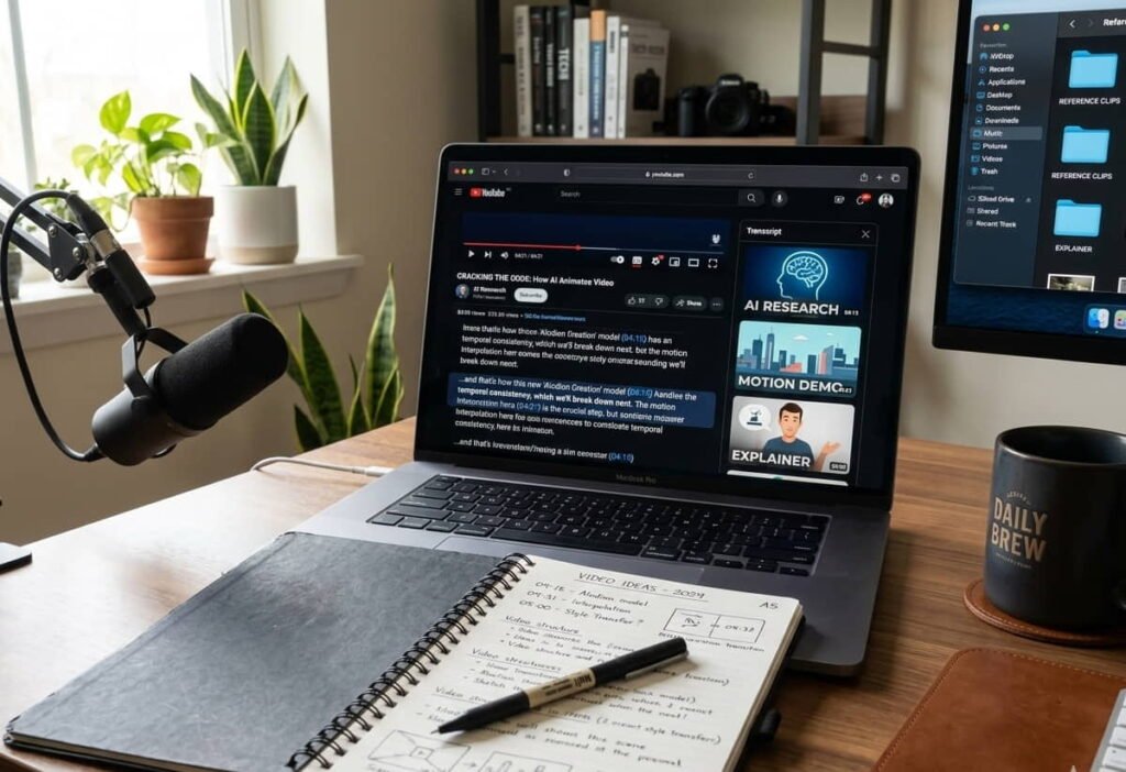 Video essay research workflow using how to see transcript on YouTube and timestamp links