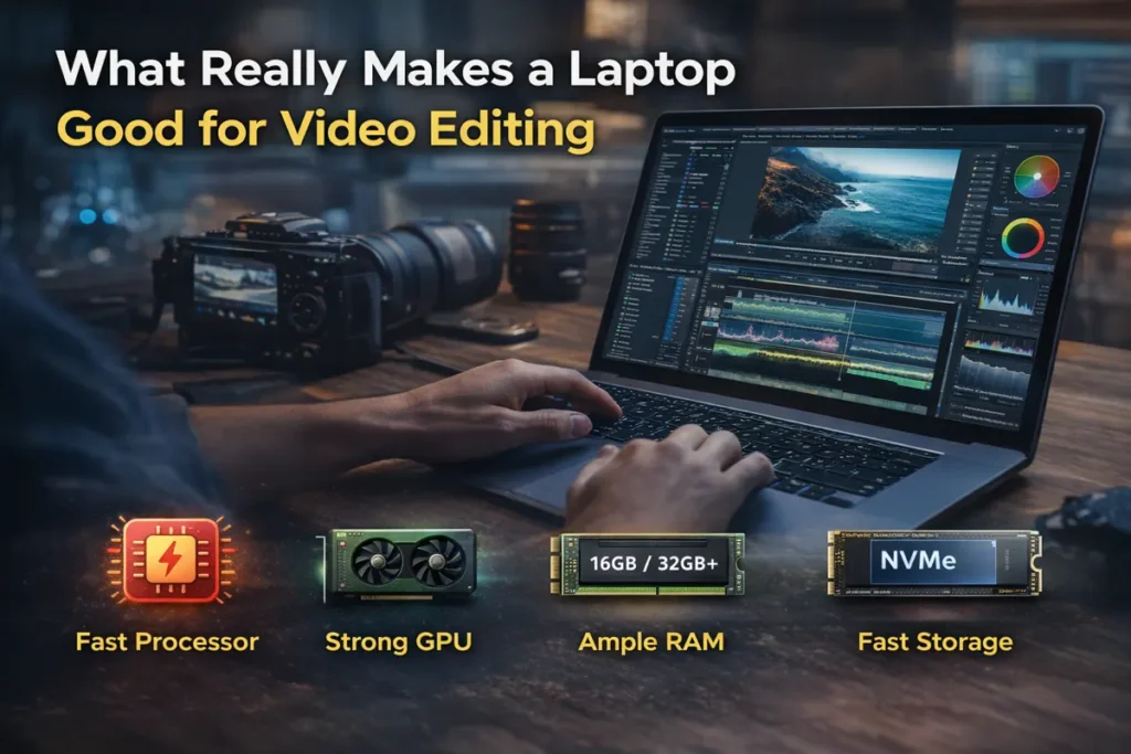 Best laptop for video editing guide showing a video editing laptop with fast processor, strong GPU, enough RAM, and fast SSD storage