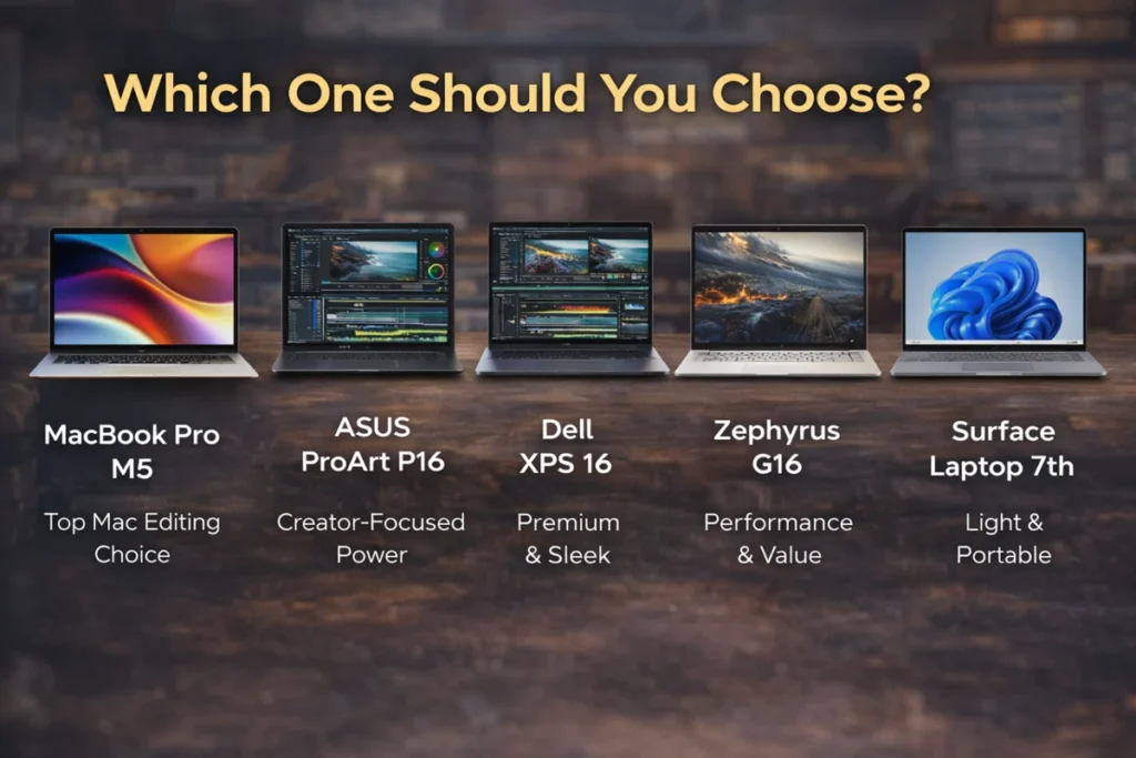 Best laptop for video editing comparison showing MacBook Pro, ASUS ProArt P16, Dell XPS 16, Zephyrus G16, and Surface Laptop 7th Edition