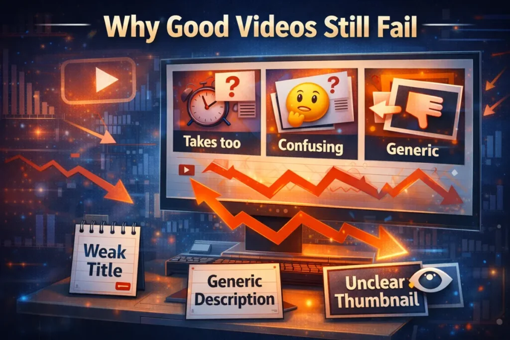 How to rank YouTube videos image showing why good videos still fail because of a weak title, generic description, unclear thumbnail, and falling YouTube performance.