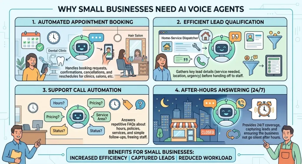 An infographic titled 'Why Small Businesses Need AI Voice Agents' showing four use cases: automated appointment booking, efficient lead qualification, support call automation, and 24/7 after-hours answering for clinics and service businesses. Best AI Voice Agent for Small Business