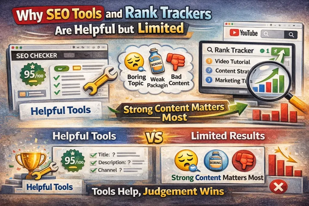 Illustration showing why a YouTube channel SEO checker and YouTube video rank tracker are helpful but limited, while strong content strategy still matters most.