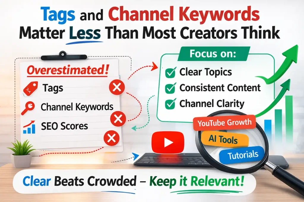 Illustration showing that YouTube tags and channel keywords are less important than clear topics, consistent content, and channel clarity.