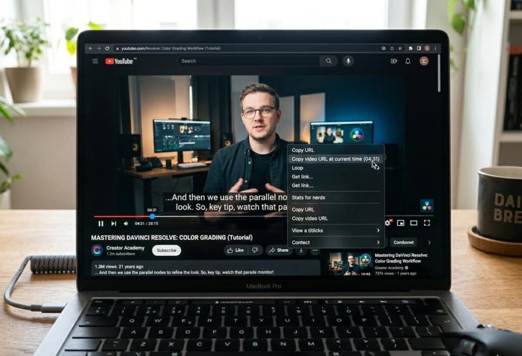 Creating a YouTube timestamp link after using how to see transcript on YouTube feature