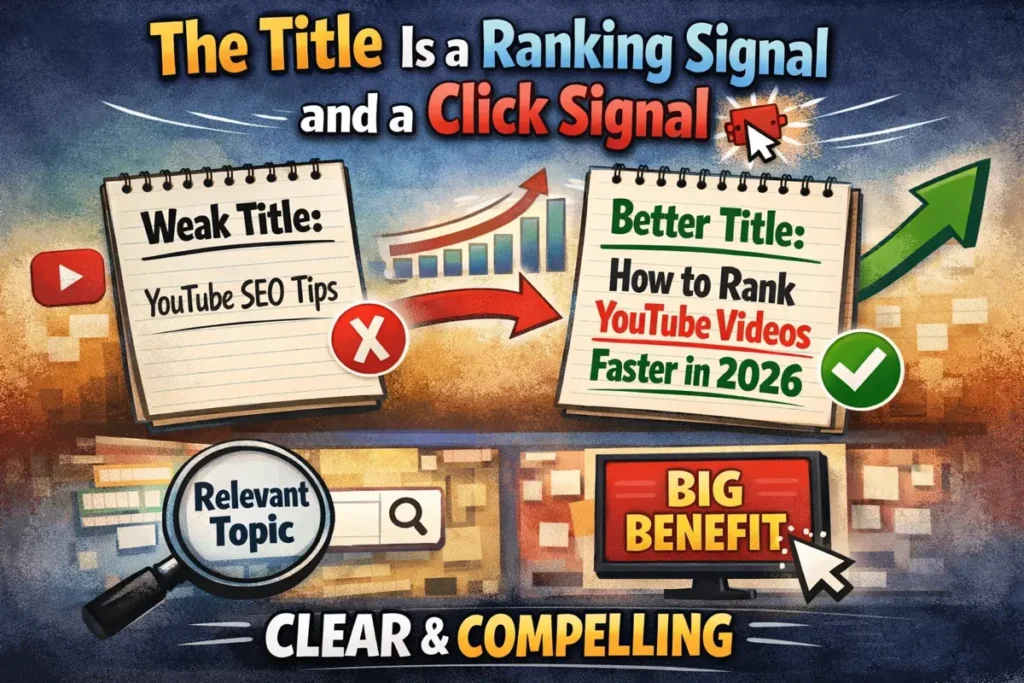 Article image showing how a clear YouTube title helps with both search ranking and viewer clicks.