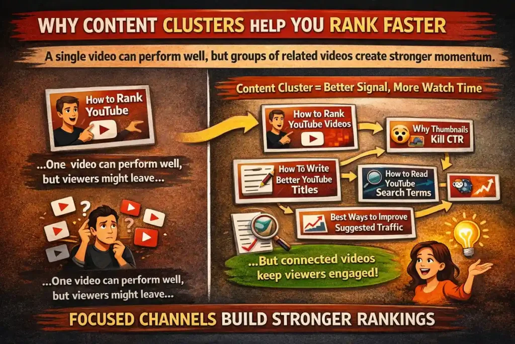 Illustration showing why content clusters help YouTube channels rank faster. Left side shows a single video with viewers potentially leaving after watching. Right side shows a cluster of connected videos including topics like 'How to Rank YouTube Videos', 'Better Titles', 'Thumbnails CTR', 'Search Terms', and 'Suggested Traffic'. Arrows and visual flow indicate how related videos keep viewers engaged and strengthen channel performance