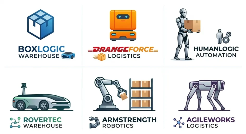 A grid of six stylized logos and icons for robotics companies, featuring various robot types including humanoid, robotic arms, and four-legged "dog" bots.