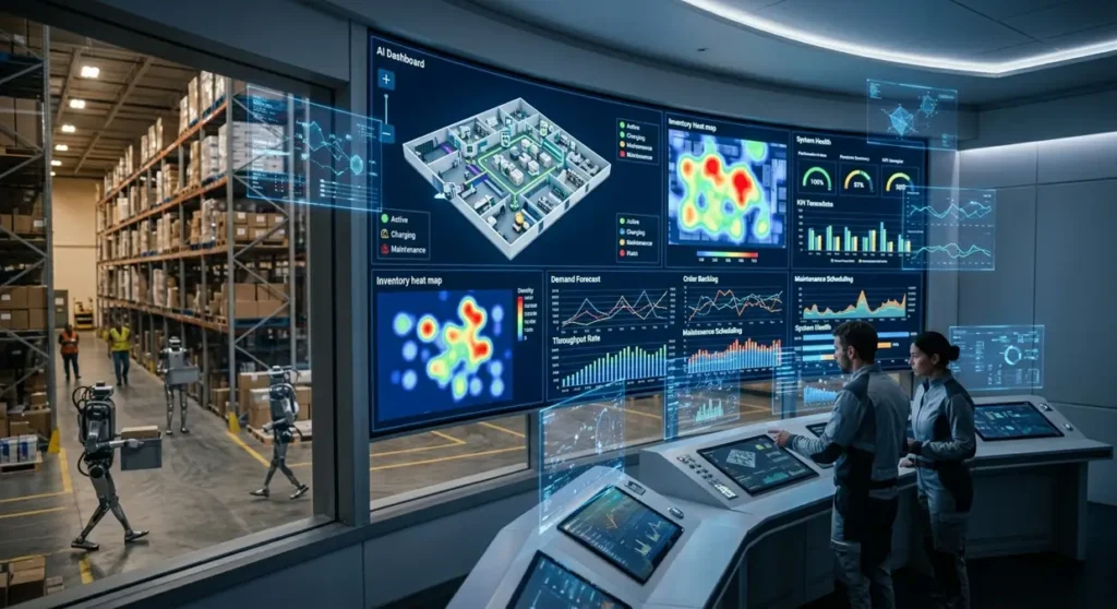 A high-tech command center featuring a large curved dashboard with 3D warehouse maps, heatmaps, and performance charts, being monitored by two technicians.
