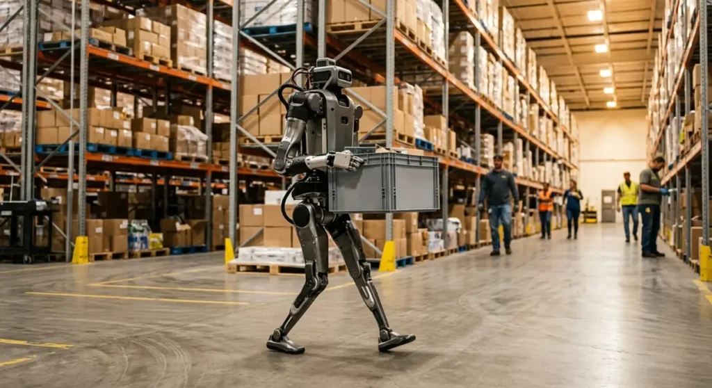 A humanoid robot carrying a grey storage bin through a Warehouse Robotics News aisle, with human workers visible in the background and tall pallet racking systems on both sides.