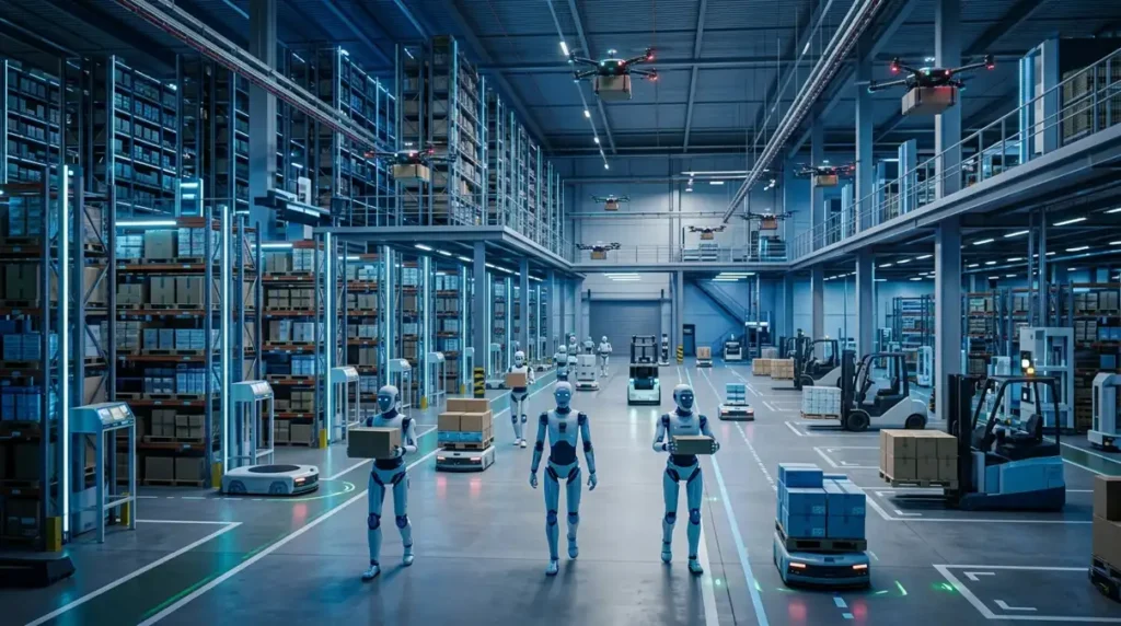 A split-screen comparison showing a dark, crowded manual Warehouse Robotics News with workers lifting heavy boxes (left) versus a bright, high-tech automated warehouse with robotic platforms moving pallets (right).