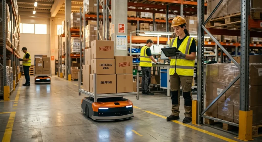 A warehouse worker using a tablet to manage an orange Autonomous Mobile Robot (AMR) that is transporting a stack of "Fragile" and "Logistics 2026" boxes.