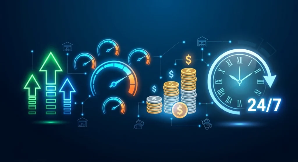 An abstract infographic featuring glowing neon icons of speedometers, rising arrows, stacks of coins, and a 24/7 clock, representing efficiency and ROI in automation.