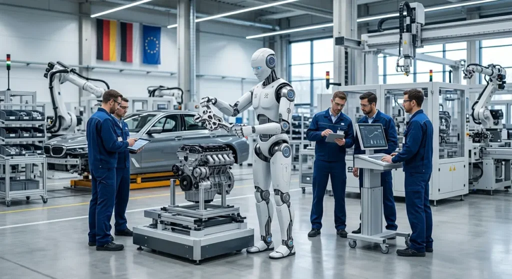 European humanoid robot being tested at BMW factory in 2026, 
representing Neura Robotics and Europe's entry into the 
humanoid robotics race