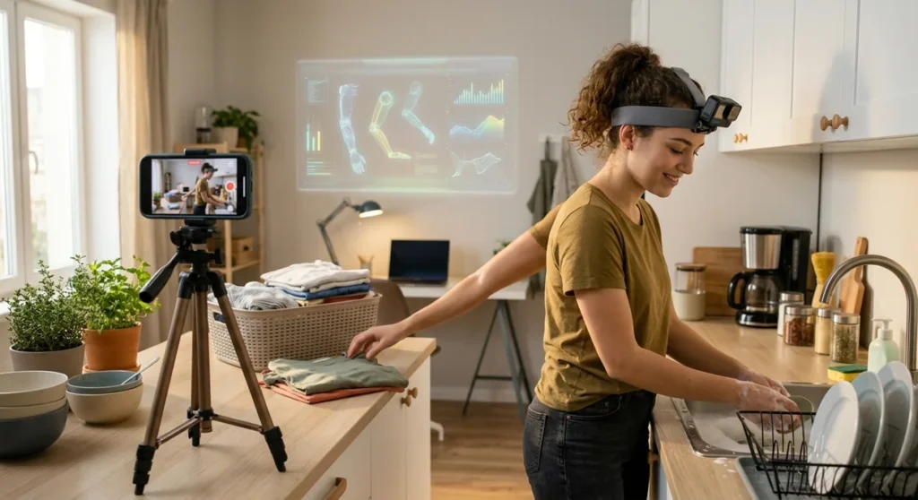 Person recording home chores with head-mounted camera to train 
humanoid robots, representing the 2026 gig economy robot 
training boom