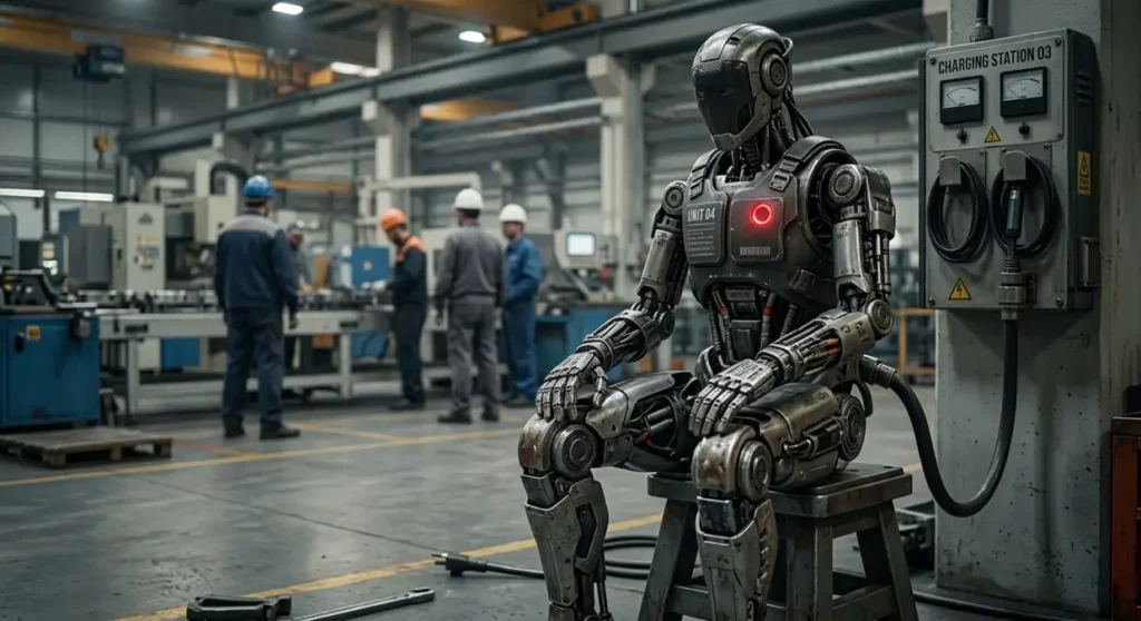 Humanoid robot charging at a station highlighting battery life 
limitations — one of the biggest unsolved challenges in 
humanoid robotics in 2026