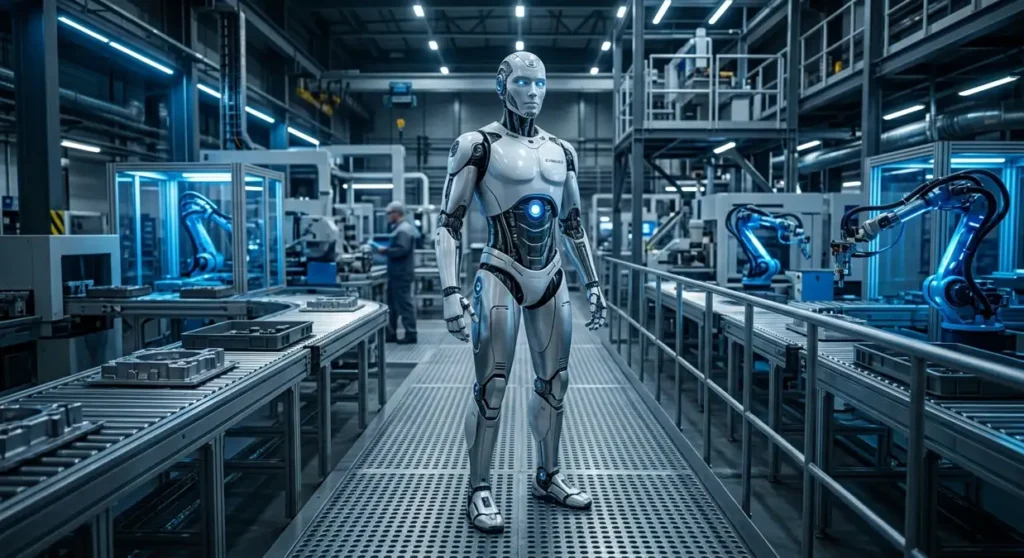 Humanoid robot standing in a modern factory floor in 2026, representing the latest humanoid robot news and industrial deployment