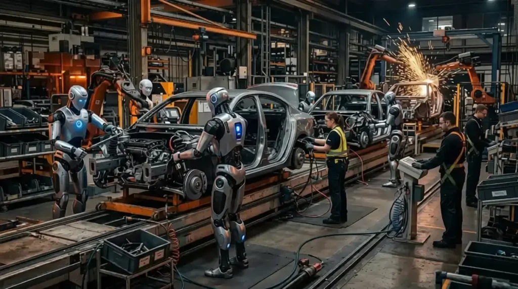 Humanoid robots deployed on automotive assembly line working 
alongside humans in 2026, showing real-world industrial robot use cases