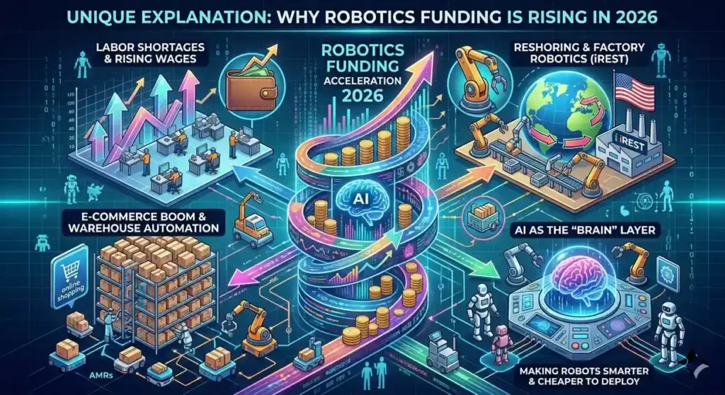 A detailed infographic titled "Why Robotics Funding News is Rising in 2026" showing a central DNA-like spiral of gold coins and an AI brain. The image features four key sectors: labor shortages with rising wage graphs, e-commerce warehouse automation with AMRs, a global map for reshoring and iREST trends, and an AI "brain" layer making robotic arms smarter and more cost-effective.