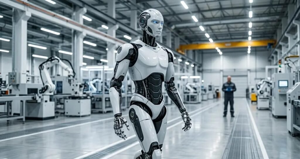 Tesla Optimus Gen 3 humanoid robot walking inside a Gigafactory in 2026, with advanced 50-actuator hands visible