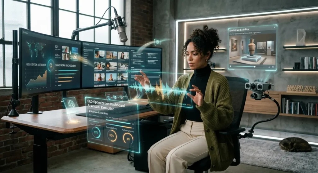 A modern creator using advanced content creation tools in 2026 within a holographic studio. The image shows a hybrid workflow where a human director manages AI-driven interfaces for real-time editing, GEO optimization, and spatial media production.
