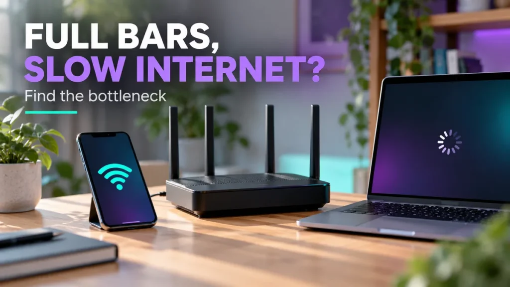 Full Bars but Slow Internet? Find the Cause and Fix Your Wi-Fi Illustration of a Wi-Fi router, phone with a full-signal icon and laptop with a loading indicator.
