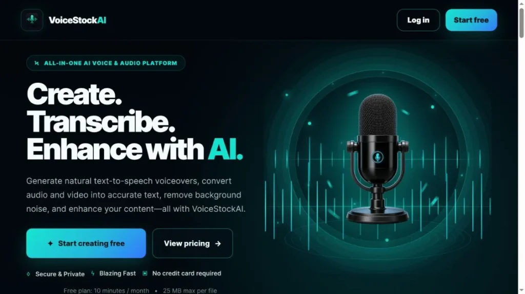 VoiceStockAI homepage introducing its AI voice and audio platform