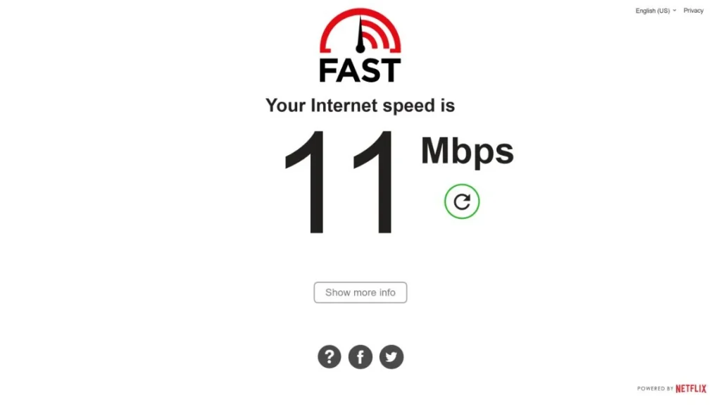 FAST.com screenshot showing an 11 Mbps download-speed result.