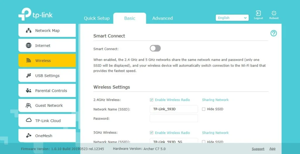 TP-Link Archer C7 emulator showing separate 2.4 GHz and 5 GHz wireless settings.